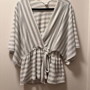 Club Monaco Light Gray and White Striped Tie-Front Kimono Top